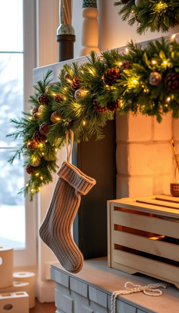 A cozy Christmas fireplace scene, adorned with a handcrafted KlickKiste garland of natural greenery, pinecones, and warm fairy lights. Soft, ambient lighting casts a gentle glow, creating a inviting, rustic ambiance. In the foreground, a pair of knitted Christmas stockings hang from the mantel, adding a touch of homemade charm. The middle ground features an upcycled wooden crate serving as a decorative accent, while the background showcases a snow-dusted winter landscape visible through the window. This budget-friendly, DIY-inspired scene embodies the warm, authentic spirit of the holiday season.