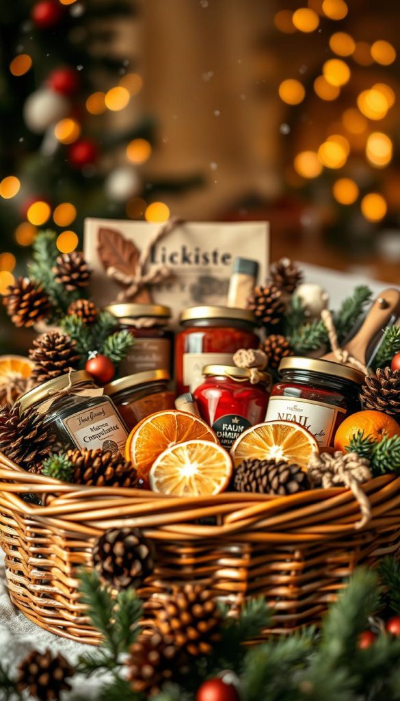A cozy Christmas gift basket filled with festive delights. In the foreground, a rustic wicker basket overflows with an assortment of gourmet treats - jars of homemade jams, artisanal chocolates, and fragrant spices. In the middle ground, pinecones, dried oranges, and sprigs of evergreen add a touch of natural beauty. The background is softly blurred, evoking a warm, winter wonderland atmosphere with a hint of snowfall. Soft, golden lighting casts a cozy glow, creating an inviting and charming scene. Titled &amp;amp;quot;KlickKiste&amp;amp;quot;, this authentic and inspiring image captures the essence of a family-friendly Christmas gift basket.