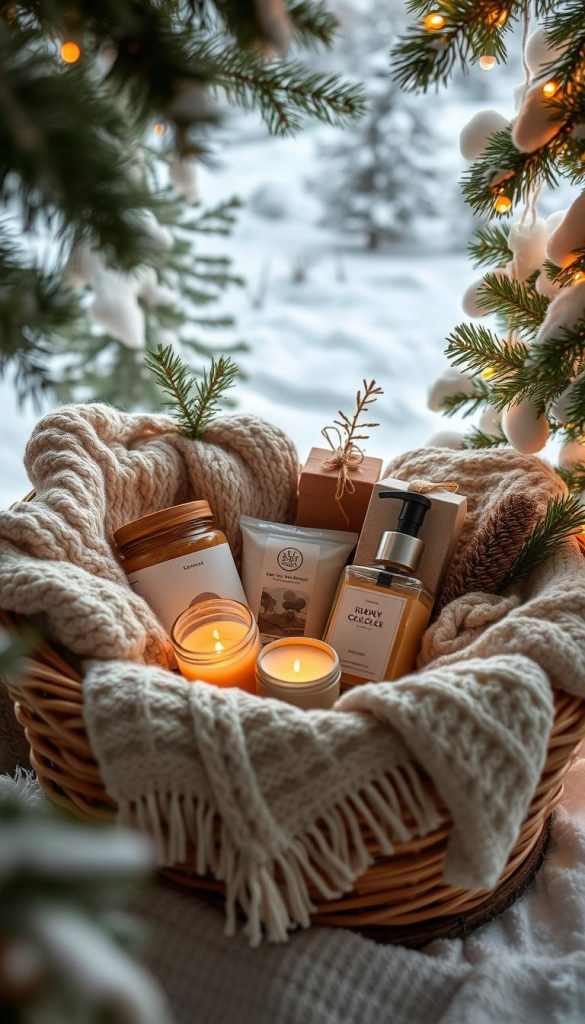 A cozy Christmas gift basket filled with natural, handmade items, nestled in a rustic KlickKiste. Warm lighting casts a soft glow, highlighting the textures of knitted throws, scented candles, and artisanal soaps. In the background, a snowy winter landscape with pine trees frames the scene, evoking a sense of hygge and self-care. The composition has a welcoming, Pinterest-inspired aesthetic, encouraging the viewer to imagine curling up with a hot cup of tea and indulging in some well-deserved relaxation.
