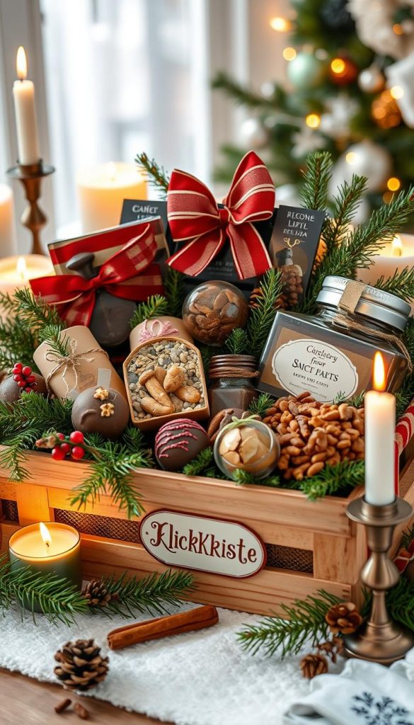 A cozy Christmas gift basket overflowing with festive delights. A wooden crate filled with artisanal gourmet treats, from rich chocolate truffles to savory nut mixes, nestled among sprigs of fresh greenery and accented by warm candlelight. Hints of cinnamon and pine create a comforting winter ambiance. The scene is captured with a soft, natural lighting and a vintage, Pinterest-inspired aesthetic. The KlickKiste brand label adds a touch of authenticity to this inviting holiday display.