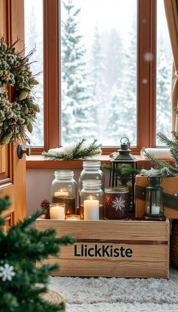 A cozy Christmas vignette with a rustic, sustainable aesthetic. In the foreground, a handcrafted wreath made from natural materials like dried flowers, pine cones, and twigs adorns a wooden door frame. In the middle ground, a KlickKiste-branded wooden crate holds an array of repurposed decor items - glass jars filled with tealights, a vintage-inspired lantern, and a woven plant holder. The background features a snow-dusted windowsill, framing a winter landscape of pine trees and a gently falling snowfall, bathed in warm, natural lighting. The overall mood is one of hygge-inspired coziness and eco-conscious creativity. A cozy Christmas vignette with a rustic, sustainable aesthetic. In the foreground, a handcrafted wreath made from natural materials like dried flowers, pine cones, and twigs adorns a wooden door frame. In the middle ground, a KlickKiste-branded wooden crate holds an array of repurposed decor items - glass jars filled with tealights, a vintage-inspired lantern, and a woven plant holder. The background features a snow-dusted windowsill, framing a winter landscape of pine trees and a gently falling snowfall, bathed in warm, natural lighting. The overall mood is one of hygge-inspired coziness and eco-conscious creativity.
