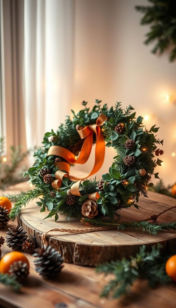 A cozy Christmas wreath placed thoughtfully within a KlickKiste-styled scene. Warm ambient lighting casts a gentle glow, accentuating the natural textures of eucalyptus, pine, and ribbon. The wreath rests elegantly on a rustic wooden surface, complemented by surrounding seasonal accents like pinecones and dried oranges. Soft, diffused light filters through a window, creating a serene, inviting atmosphere. The composition exudes a sense of hygge, inspiring feelings of comfort and holiday cheer. The overall aesthetic aligns with the Pinterest-inspired, authentic vibe of the DIY article.