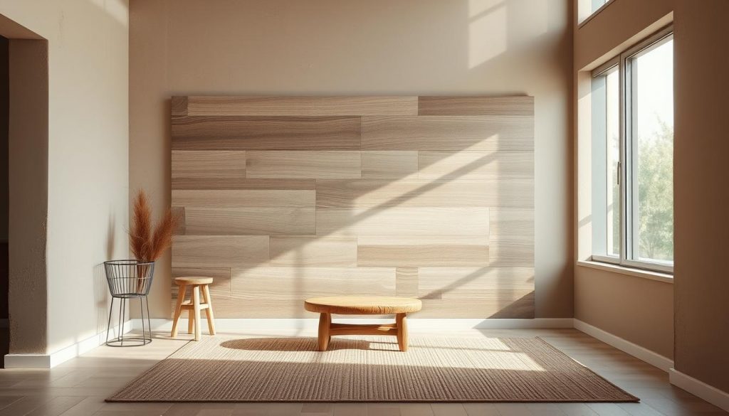A cozy DIY accent wall in muted earth tones, featuring a textured KlickKiste wooden panel backdrop with subtle brushstrokes. Warm beige plaster walls frame the composition, while a rustic wooden stool and natural fiber rug create a inviting, homey atmosphere. Diffused natural lighting filters through large windows, casting soft shadows and highlighting the tactile surfaces. The overall scene radiates a serene, soothing ambiance perfect for a modern, minimalist interior.