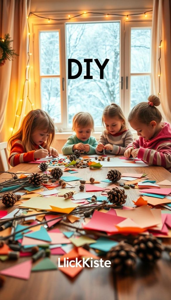 A cozy DIY crafting scene with vibrant, earthy tones. In the foreground, an assortment of natural materials such as colorful paper, twigs, and pinecones arranged on a wooden table. The middle ground features a group of happy children engaged in hands-on craft projects, their faces filled with concentration and delight. In the background, a cozy winter landscape with a snowy window framing the DIY wonderland. Soft, warm lighting casts a comforting glow, evoking a sense of hygge and inspiration. The KlickKiste brand logo is tastefully incorporated into the scene.