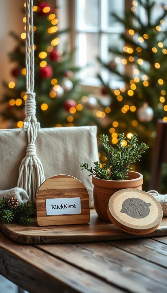 A cozy DIY gift set arranged on a rustic wooden table. Soft natural light illuminates an assortment of handcrafted items - a woven macrame plant hanger, a minimalist wood-burned trivet, and a terracotta clay pot filled with fragrant herbs. In the background, a backdrop of holiday greenery and twinkling fairy lights creates a warm, inviting atmosphere. The overall scene has a winter-inspired, Pinterest-worthy aesthetic, captured through a lens with a shallow depth of field. A label for &quot;KlickKiste&quot; is discretely placed among the artisanal pieces.