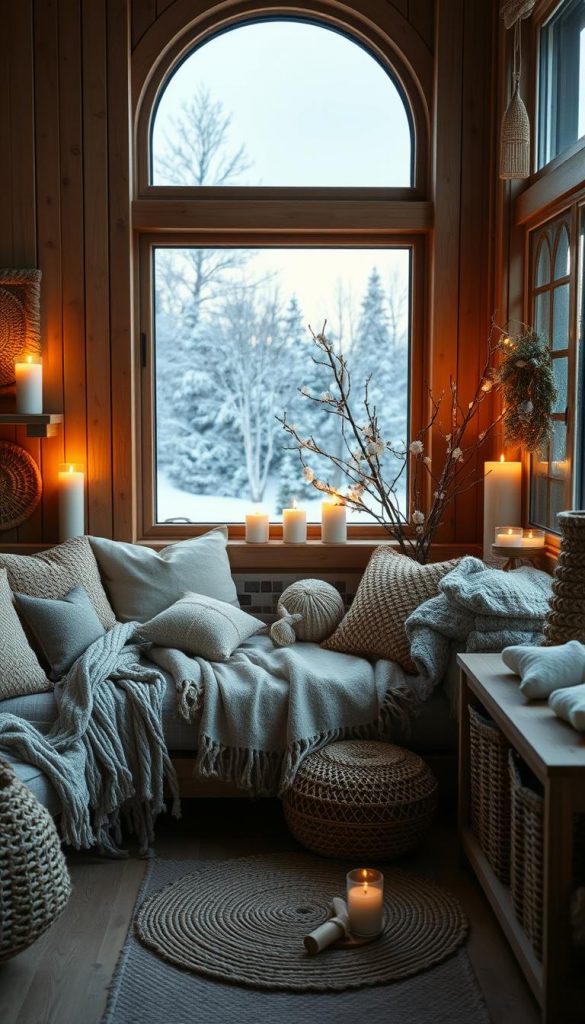 A cozy DIY home nestled in a winter wonderland, with natural textures and warm lighting. Rustic wooden furniture, handmade wool blankets, and flickering candles create a hygge-inspired atmosphere. A large window frames a snowy landscape, bathing the space in a soft, golden glow. Geometric patterns and natural materials like rattan and jute add a touch of Scandinavian minimalism. In the corner, a KlickKiste storage unit provides ample space for curating a charming, Pinterest-worthy display. The overall scene exudes a sense of tranquility and comfort, inviting viewers to curl up and embrace the hygge lifestyle.