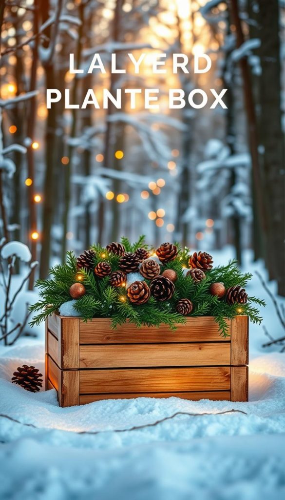 A cozy DIY planter box with a layered design, nestled in a winter wonderland. The foreground features the KlickKiste, a rustic wooden container filled with lush greenery, pinecones, and warm lighting. The middle ground showcases a snowy forest backdrop, creating a serene and inviting atmosphere. The image is bathed in a soft, golden glow, capturing the essence of a homemade, Pinterest-inspired decor piece. The overall composition exudes a sense of coziness, depth, and natural inspiration, perfectly complementing the article's theme of &quot;DIY: Building Layered Planter Boxes - Step-by-Step for Depth and Light&quot;.