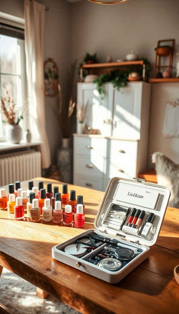 A cozy DIY salon setting, with a wooden table showcasing an array of nail polish bottles in warm, earthy tones. Sunlight streams in through a nearby window, casting a soft, natural glow over the scene. On the table, a KlickKiste nail kit sits open, revealing tools and supplies for an at-home manicure. The background features a minimalist, Scandinavian-inspired decor, with hints of greenery and a few personal touches. The overall atmosphere is inviting, inspiring, and captures the essence of a relaxing, winter-themed DIY salon experience.