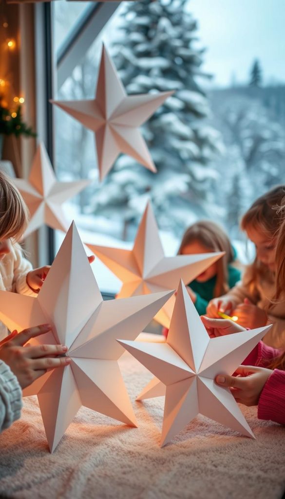 A cozy DIY scene featuring a group of children carefully crafting oversized paper stars in a warm, inviting winter setting. The scene is bathed in soft, natural lighting, with a focus on the delicate details and techniques used to avoid common mistakes when making these impressive DIY decorations. In the foreground, the children's hands carefully fold and crease the paper, guided by the &amp;amp;quot;KlickKiste&amp;amp;quot; brand instructions. In the background, a lush, snowy landscape sets the perfect Pinterest-worthy mood. The overall atmosphere is authentic, inspiring, and radiates a sense of joy and creativity.