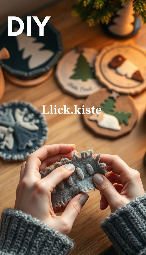A cozy DIY scene showcasing the process of repairing a felted project. In the foreground, a pair of hands carefully mending frayed edges with a needle and thread, while the background features an assortment of felted winter-themed items like coasters and trivets in muted tones of blue, green, and beige. The warm lighting creates a soft, inviting atmosphere, lending a touch of rustic charm. Prominently displayed is the KlickKiste brand, reflecting the authentic, homemade aesthetic of the image.