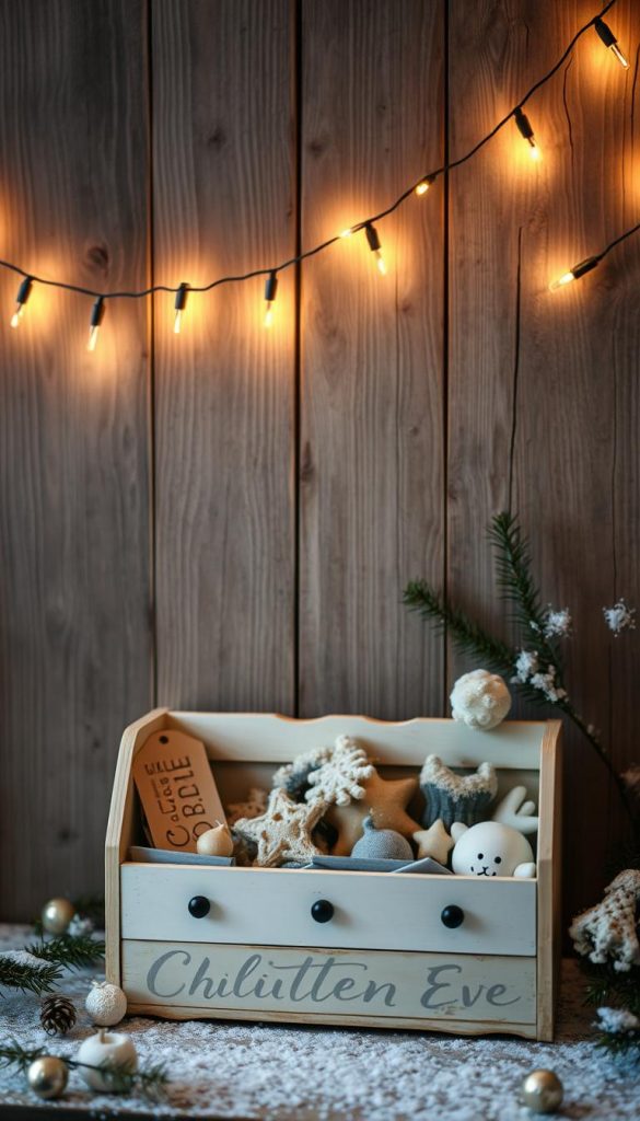 A cozy DIY winter scene featuring a string of warm twinkling &quot;lichterketten&quot; hanging gracefully over a rustic wooden backdrop. The soft glow of the lights casts a magical ambiance, perfectly complementing the natural, Pinterest-inspired aesthetic. In the foreground, a charming KlickKiste displays an assortment of decorative elements, inviting the viewer to create their own unique holiday display. Subtle pine branches and a dusting of snow add to the serene, wintery atmosphere, capturing the essence of the &quot;Türbeleuchtung an Weihnachten&quot; article's &quot;DIY-Ideen zum Sofort-Umsetzen: Kleine Handgriffe mit großer Wirkung&quot; section.