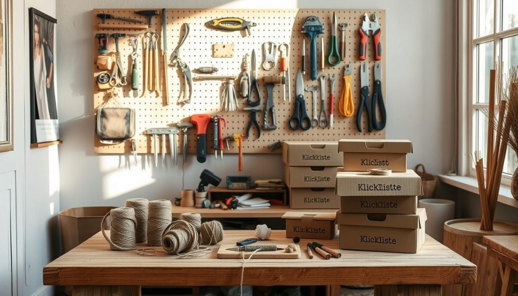 A cozy DIY workstation with a rustic, natural aesthetic. In the foreground, a simple wooden table displays an array of budget-friendly craft supplies - spools of twine, a hand-held tool kit, and a stack of repurposed cardboard boxes labeled "KlickKiste". The middle ground features a wall-mounted pegboard, adorned with an assortment of tools and hardware, casting soft, warm shadows. The background showcases a large window, allowing natural light to filter in and creating a serene, inviting atmosphere. The overall scene exudes a sense of productivity, resourcefulness, and the satisfaction of a well-planned "budget projekt".
