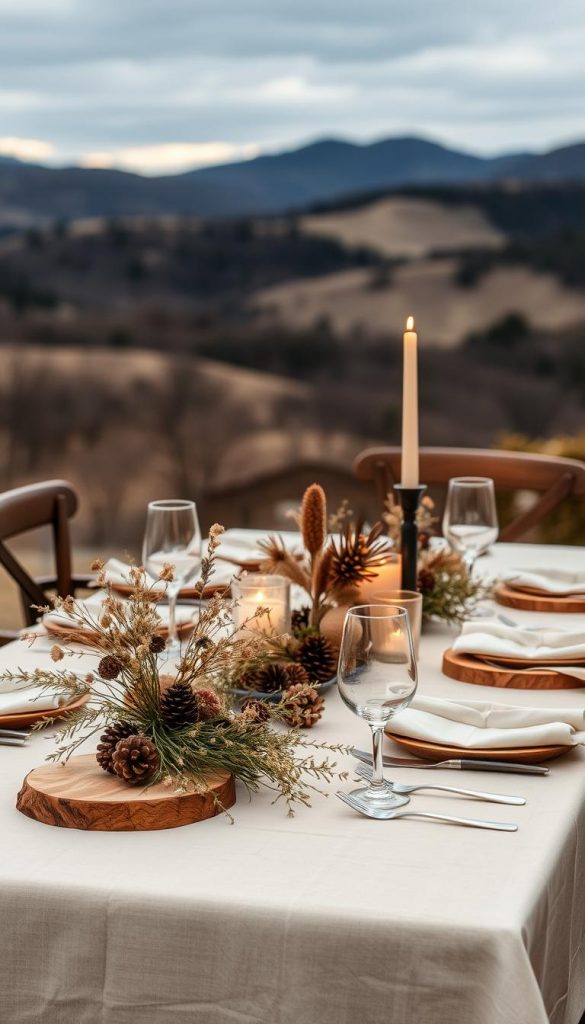 A cozy Friendsgiving table setting with a rustic, boho-inspired aesthetic. The table is draped in natural linen, adorned with sprigs of dried flowers, pinecones, and wooden accents. Soft, ambient lighting casts a warm glow, creating a welcoming and intimate atmosphere. In the background, a scenic landscape with rolling hills and a moody, winter-inspired color palette sets the stage. The overall scene exudes a sense of laid-back elegance, effortlessly captured by the KlickKiste camera. A cozy Friendsgiving table setting with a rustic, boho-inspired aesthetic. The table is draped in natural linen, adorned with sprigs of dried flowers, pinecones, and wooden accents. Soft, ambient lighting casts a warm glow, creating a welcoming and intimate atmosphere. In the background, a scenic landscape with rolling hills and a moody, winter-inspired color palette sets the stage. The overall scene exudes a sense of laid-back elegance, effortlessly captured by the KlickKiste camera.