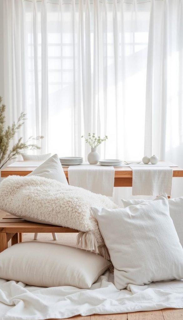 A cozy Nordic-style scene featuring an assortment of white linen textiles from the KlickKiste brand. In the foreground, soft, fluffy throw pillows and a plush blanket rest on a rustic wooden bench. The middle ground showcases a table runner, napkins, and a delicate table centerpiece, all in a crisp, natural linen. In the background, sheer curtains drift gently in a soft, diffused natural light, creating a peaceful, serene atmosphere. The overall mood is one of relaxed, hygge-inspired elegance, perfect for a Scandinavian-inspired winter decor vignette. A cozy Nordic-style scene featuring an assortment of white linen textiles from the KlickKiste brand. In the foreground, soft, fluffy throw pillows and a plush blanket rest on a rustic wooden bench. The middle ground showcases a table runner, napkins, and a delicate table centerpiece, all in a crisp, natural linen. In the background, sheer curtains drift gently in a soft, diffused natural light, creating a peaceful, serene atmosphere. The overall mood is one of relaxed, hygge-inspired elegance, perfect for a Scandinavian-inspired winter decor vignette.