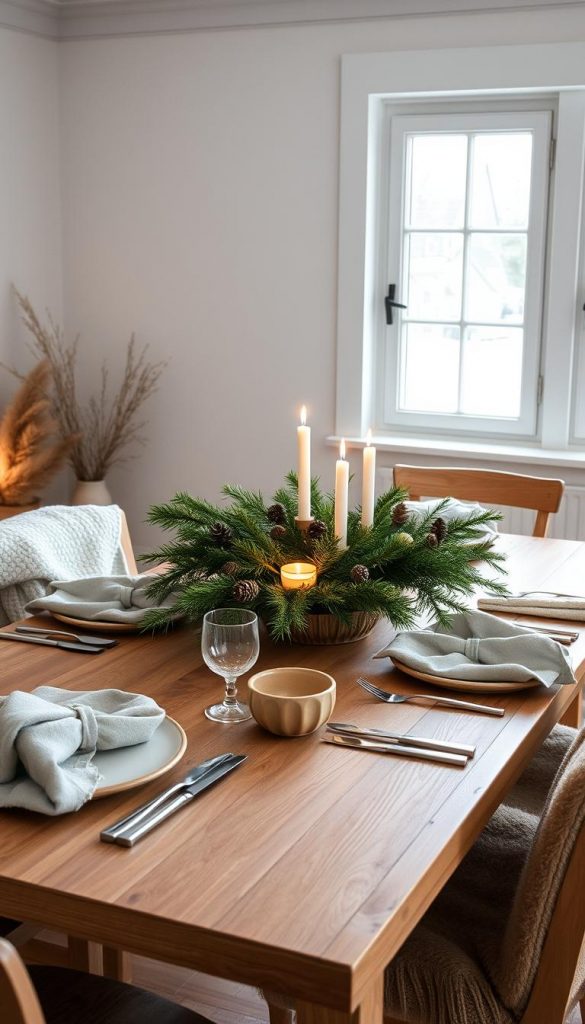 A cozy Scandinavian-inspired dining table set with a minimalist wooden table, neutral-toned tableware, and a lush garland of evergreen branches, pinecones, and candles casting a warm, intimate glow. A single large window floods the scene with soft natural light, highlighting the rustic yet elegant ambiance. Textured linen napkins, a wooden centerpiece, and a subtle hint of hygge elements like knit throws and sheepskin create a serene, inviting atmosphere perfect for a festive winter gathering.