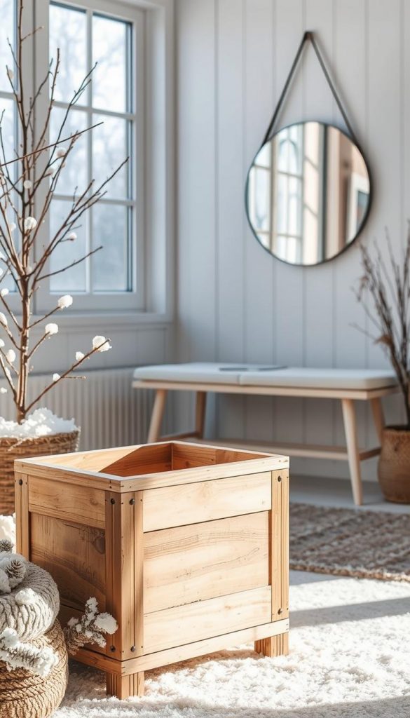 A cozy Scandinavian-style "Flurmöbel Upcycling" scene. A rustic, handcrafted "KlickKiste" projekt piece sits in the foreground, its warm, natural tones and simple design complementing the winter-inspired setting. Soft, diffused lighting filters through frosted windows, creating a serene, intimate atmosphere. In the background, a sleek, minimalist bench and a modern, circular mirror hang on a white-washed wall, blending seamlessly with the overall Scandinavian aesthetic. The overall mood is one of coziness, DIY charm, and Pinterest-worthy inspiration. A cozy Scandinavian-style "Flurmöbel Upcycling" scene. A rustic, handcrafted "KlickKiste" projekt piece sits in the foreground, its warm, natural tones and simple design complementing the winter-inspired setting. Soft, diffused lighting filters through frosted windows, creating a serene, intimate atmosphere. In the background, a sleek, minimalist bench and a modern, circular mirror hang on a white-washed wall, blending seamlessly with the overall Scandinavian aesthetic. The overall mood is one of coziness, DIY charm, and Pinterest-worthy inspiration.