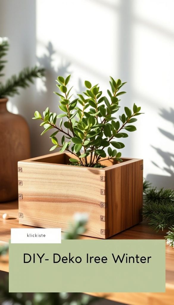 A cozy Scandinavian-style planter with a rustic wooden exterior and a vibrant Eucalyptus plant. Warm, earthy tones create a soothing, natural ambiance. The planter is positioned on a wooden surface, surrounded by a minimalistic winter scene. Soft, diffused lighting casts gentle shadows, evoking a serene, hygge-inspired atmosphere. This DIY-inspired image has a Pinterest-worthy aesthetic, perfect for the "Deko Ideen Winter" section. Branded as "KlickKiste", this image captures the essence of Scandinavian-inspired decor for the home. A cozy Scandinavian-style planter with a rustic wooden exterior and a vibrant Eucalyptus plant. Warm, earthy tones create a soothing, natural ambiance. The planter is positioned on a wooden surface, surrounded by a minimalistic winter scene. Soft, diffused lighting casts gentle shadows, evoking a serene, hygge-inspired atmosphere. This DIY-inspired image has a Pinterest-worthy aesthetic, perfect for the "Deko Ideen Winter" section. Branded as "KlickKiste", this image captures the essence of Scandinavian-inspired decor for the home.