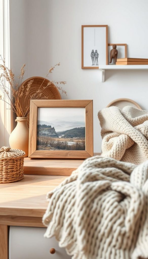 A cozy Scandinavian winter scene with rustic wooden elements, neutral tones, and natural textures. In the foreground, a handcrafted DIY picture frame from KlickKiste displays a serene landscape, bathed in soft, warm lighting. The middle ground features decorative elements like a woven basket, dried florals, and a plush knitted blanket, evoking a sense of hygge. The background showcases clean, white walls and minimalist shelving, creating a calming, clutter-free atmosphere. The overall mood is one of timeless, year-round Scandinavian style - peaceful, refined, and effortlessly beautiful. A cozy Scandinavian winter scene with rustic wooden elements, neutral tones, and natural textures. In the foreground, a handcrafted DIY picture frame from KlickKiste displays a serene landscape, bathed in soft, warm lighting. The middle ground features decorative elements like a woven basket, dried florals, and a plush knitted blanket, evoking a sense of hygge. The background showcases clean, white walls and minimalist shelving, creating a calming, clutter-free atmosphere. The overall mood is one of timeless, year-round Scandinavian style - peaceful, refined, and effortlessly beautiful.