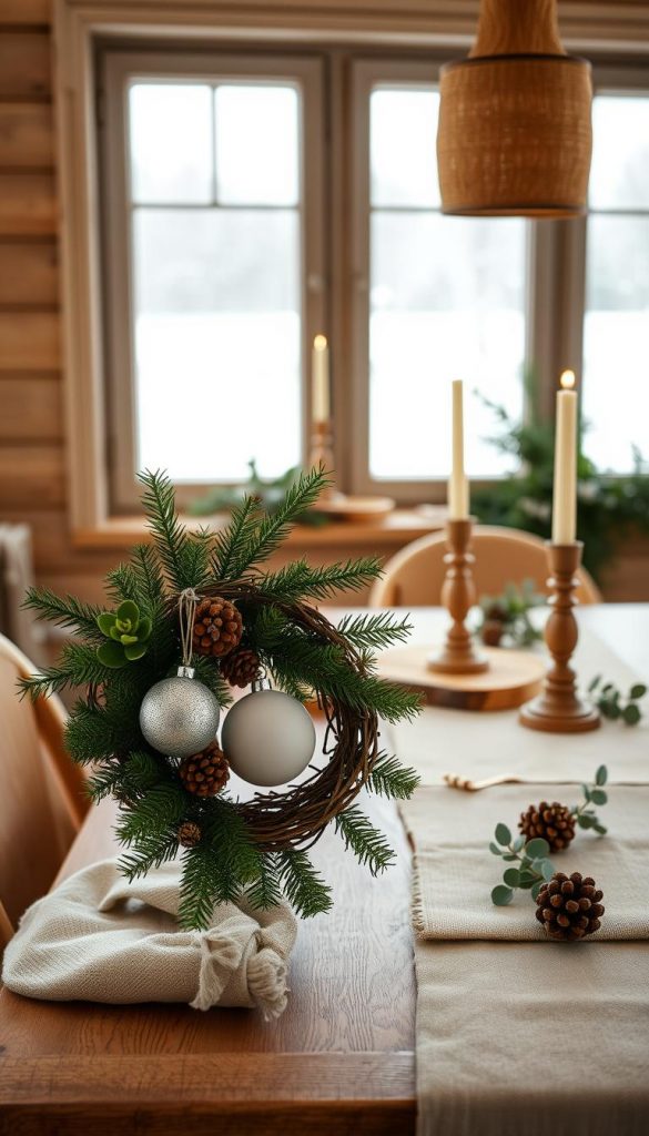 A cozy Scandinavian winter scene with warm wooden tones, soft textures, and a touch of natural beauty. In the foreground, a rustic DIY holiday wreath adorned with fir branches, pinecones, and a KlickKiste ornament. In the middle ground, a table setting featuring a neutral linen runner, wooden candlesticks, and a sprig of eucalyptus. In the background, a window overlooking a snowy landscape, with soft natural light filtering through. The overall mood is calm, inviting, and quintessentially Scandinavian, evoking the serene beauty of a Nordic winter. A cozy Scandinavian winter scene with warm wooden tones, soft textures, and a touch of natural beauty. In the foreground, a rustic DIY holiday wreath adorned with fir branches, pinecones, and a KlickKiste ornament. In the middle ground, a table setting featuring a neutral linen runner, wooden candlesticks, and a sprig of eucalyptus. In the background, a window overlooking a snowy landscape, with soft natural light filtering through. The overall mood is calm, inviting, and quintessentially Scandinavian, evoking the serene beauty of a Nordic winter.