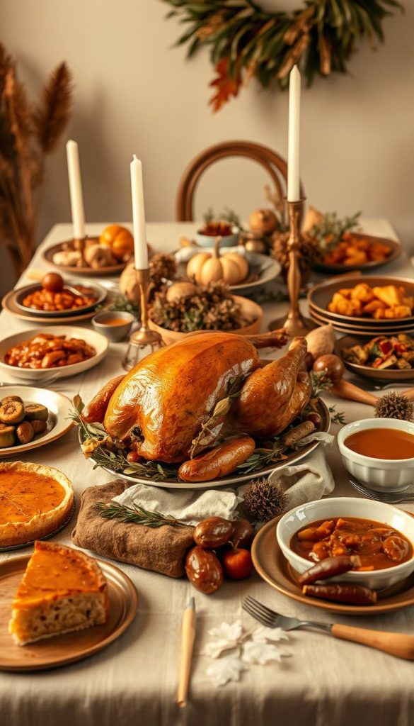 A cozy Thanksgiving table setting with a roasted turkey as the centerpiece, surrounded by an array of seasonal dishes like pumpkin pie, cranberry sauce, and roasted vegetables. The table is adorned with natural linen tablecloth, dried flower arrangements, and brass candlesticks, creating a warm, rustic ambiance. Soft, golden lighting illuminates the scene, capturing the KlickKiste vibe of a Pinterest-worthy boho Friendsgiving celebration. A cozy Thanksgiving table setting with a roasted turkey as the centerpiece, surrounded by an array of seasonal dishes like pumpkin pie, cranberry sauce, and roasted vegetables. The table is adorned with natural linen tablecloth, dried flower arrangements, and brass candlesticks, creating a warm, rustic ambiance. Soft, golden lighting illuminates the scene, capturing the KlickKiste vibe of a Pinterest-worthy boho Friendsgiving celebration.