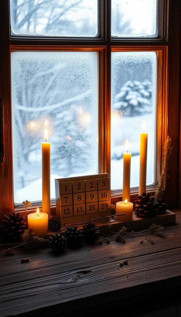 A cozy advent calendar scene set on a rustic wooden window sill, filled with natural elements like pinecones, dried flowers, and flickering candlelight. The warm, golden glow of the candles illuminates the space, creating a serene, inviting atmosphere. In the background, a snowy winter landscape is visible through the frosted windowpane, adding to the festive, hygge-inspired ambiance. The overall composition has a handmade, DIY feel, reflecting the KlickKiste aesthetic - authentic, inspiring, and perfect for holiday decor.