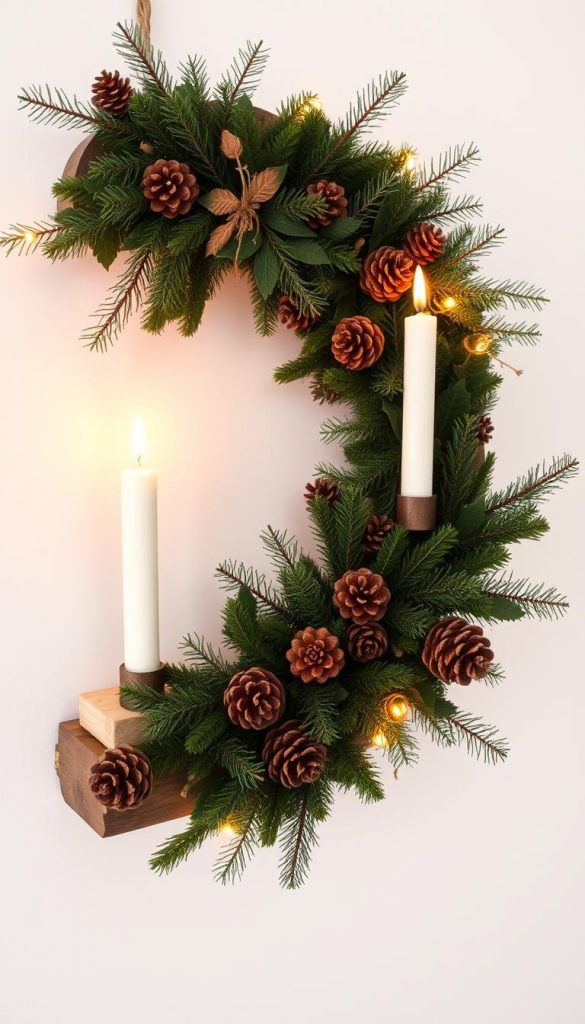 A cozy advent wreath crafted from rustic wood, adorned with lush evergreen foliage, natural pinecones, and delicate white candles. The warm, soft lighting casts a serene, winter-wonderland glow, creating a sense of hygge and Nordic charm. Positioned against a minimalist, light-colored backdrop, the wreath's simple elegance embodies the Scandinavian aesthetic. Captured with a wide-angle lens to showcase the intricate details and overall composition, this image exudes a harmonious blend of nature, tradition, and modern sensibility, perfectly complementing the &quot;Advent, Nikolaus &amp; kleine Rituale im Skandi-Stil&quot; theme.