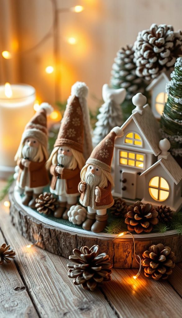 A cozy and charming arrangement of vintage-inspired figuren - Nussknacker, Porzellan-Lichthäuser, and other delightful decorative pieces. Warm lighting casts a soft glow over the scene, creating an inviting and nostalgic atmosphere. The figuren are positioned artfully on a rustic wooden surface, surrounded by natural elements like pinecones and greenery. The overall aesthetic is one of classic elegance and a touch of whimsy, evoking the timeless charm of the winter season. KlickKiste