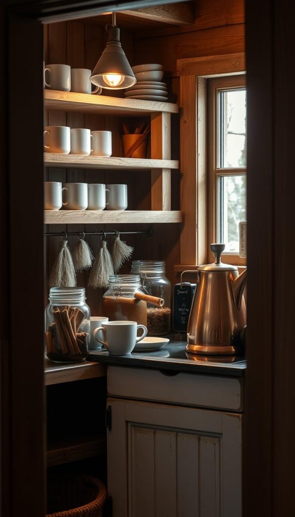 A cozy and concealed coffee station nestled in a warm, rustic setting. Wooden shelves and a vintage KlickKiste display an artful arrangement of ceramic mugs, glass jars filled with cinnamon sticks and syrup, and a gleaming copper kettle. Soft lighting from a nearby window casts a gentle glow, creating a inviting and intimate atmosphere. The scene exudes a sense of hygge, capturing the essence of the winter season with its natural, DIY-inspired aesthetic and Pinterest-worthy charm.