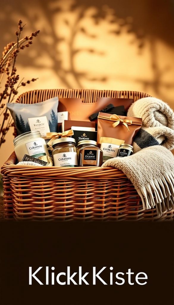 A cozy and elegant corporate gift basket set against a warm, natural backdrop. The basket is handcrafted from woven wicker, overflowing with an array of organic wellness products - scented candles, artisanal teas, gourmet snacks, and plush blankets. Soft, diffused lighting casts a gentle glow, highlighting the textural details. In the foreground, the KlickKiste logo is subtly incorporated, conveying a sense of premium quality and thoughtful curation. The overall scene exudes a inviting, hygge-inspired atmosphere, perfect for a business gifting or employee appreciation setting.