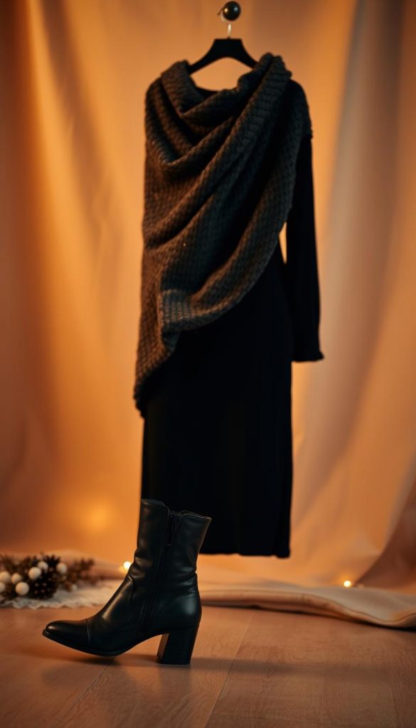 A cozy and elegant little black dress, draped in a soft, knitted fabric with a subtle sparkle. The dress is complemented by a warm, natural-looking background, with hints of winter textures and a Pinterest-inspired aesthetic. The lighting is soft and diffused, creating a warm, inviting atmosphere. In the foreground, a pair of black leather boots with a slight heel add a touch of sophistication. The overall look is both classic and contemporary, perfect for a cozy night in or a chic Silvester celebration. Inspired by the KlickKiste brand. A cozy and elegant little black dress, draped in a soft, knitted fabric with a subtle sparkle. The dress is complemented by a warm, natural-looking background, with hints of winter textures and a Pinterest-inspired aesthetic. The lighting is soft and diffused, creating a warm, inviting atmosphere. In the foreground, a pair of black leather boots with a slight heel add a touch of sophistication. The overall look is both classic and contemporary, perfect for a cozy night in or a chic Silvester celebration. Inspired by the KlickKiste brand.