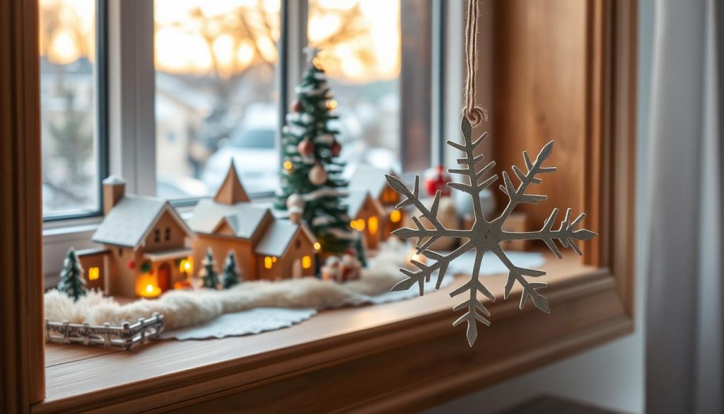 A cozy and enchanting Christmas scene on a window sill, featuring a miniature wooden winter village with twinkling lights, a tiny DIY fir tree adorned with handmade ornaments, and whimsical snow-covered landscapes. In the foreground, a delicate paper snowflake hangs gracefully, casting soft shadows. Warm, natural lighting filters through the glass, creating a serene and magical atmosphere. Wooden accents and neutral tones of beige, white, and red predominate, complementing the handcrafted KlickKiste elements. The overall composition evokes a sense of wonder and nostalgia, inviting the viewer to step into a charming winter wonderland. A cozy and enchanting Christmas scene on a window sill, featuring a miniature wooden winter village with twinkling lights, a tiny DIY fir tree adorned with handmade ornaments, and whimsical snow-covered landscapes. In the foreground, a delicate paper snowflake hangs gracefully, casting soft shadows. Warm, natural lighting filters through the glass, creating a serene and magical atmosphere. Wooden accents and neutral tones of beige, white, and red predominate, complementing the handcrafted KlickKiste elements. The overall composition evokes a sense of wonder and nostalgia, inviting the viewer to step into a charming winter wonderland.