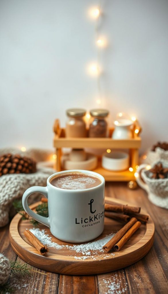 A cozy and festive DIY coffee corner with a mini-bar featuring warm cinnamon and cocoa accents. The scene is set against a natural, winter-inspired backdrop with rustic textures, soft lighting, and a touch of Pinterest-inspired styling. In the foreground, a mug of steaming hot chocolate sits atop a KlickKiste-branded wooden tray, surrounded by an arrangement of cinnamon sticks, pine sprigs, and a sprinkling of powdered sugar. The middle ground features a small, wooden bar cart with jars of cocoa powder and cinnamon, complemented by a twinkling string of fairy lights. In the background, a neutral-toned wall provides a simple, yet elegant canvas, allowing the warm tones and natural elements to take center stage. The overall mood is cozy, inviting, and infused with a touch of holiday magic.