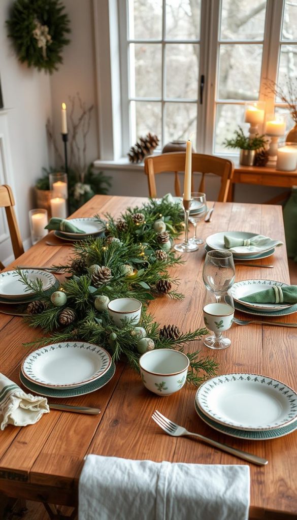 A cozy and festive dining table setting, with a natural, handcrafted aesthetic. The centerpiece is a rustic, wooden "Esstisch" with a warm, weathered finish, adorned with a lush garland of fresh greenery, pine cones, and twinkling fairy lights. Delicate, hand-painted ceramic plates and bowls are arranged alongside vintage-inspired silverware and napkins in complementary hues of green and cream. Soft, diffused lighting from nearby candles and a large window casts a gentle, winter-inspired glow across the scene. The overall atmosphere is inviting, wholesome, and perfect for a special, seasonal gathering.