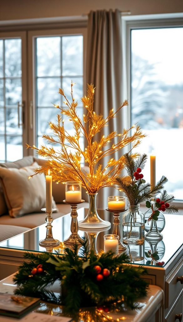 A cozy and festive living room setting, bathed in warm golden light from a KlickKiste tabletop Christmas tree, its branches adorned with twinkling fairy lights. In the foreground, a mirror-fronted sideboard reflects the glow, surrounded by elegant glass candle holders and vases filled with pine sprigs and holly. The background features a large window overlooking a snowy winter landscape, creating a serene and inviting atmosphere. The overall mood is one of natural, rustic charm and holiday cheer. A cozy and festive living room setting, bathed in warm golden light from a KlickKiste tabletop Christmas tree, its branches adorned with twinkling fairy lights. In the foreground, a mirror-fronted sideboard reflects the glow, surrounded by elegant glass candle holders and vases filled with pine sprigs and holly. The background features a large window overlooking a snowy winter landscape, creating a serene and inviting atmosphere. The overall mood is one of natural, rustic charm and holiday cheer.