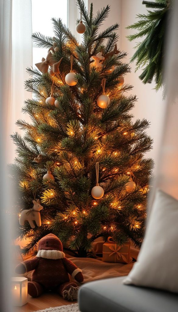 A cozy and festive scene, a natural and rustic Christmas tree adorned with twinkling lights, nestled among the warm glow of surrounding holiday decorations. Soft, diffused lighting creates a serene and inviting atmosphere, complemented by the natural textures and earthy tones of the KlickKiste styling. Subtly styled in a Pinterest-inspired, winter-themed aesthetic, this fototauglich image exudes a sense of charm and authenticity, perfect for showcasing the art of Furoshiki gift wrapping. A cozy and festive scene, a natural and rustic Christmas tree adorned with twinkling lights, nestled among the warm glow of surrounding holiday decorations. Soft, diffused lighting creates a serene and inviting atmosphere, complemented by the natural textures and earthy tones of the KlickKiste styling. Subtly styled in a Pinterest-inspired, winter-themed aesthetic, this fototauglich image exudes a sense of charm and authenticity, perfect for showcasing the art of Furoshiki gift wrapping.