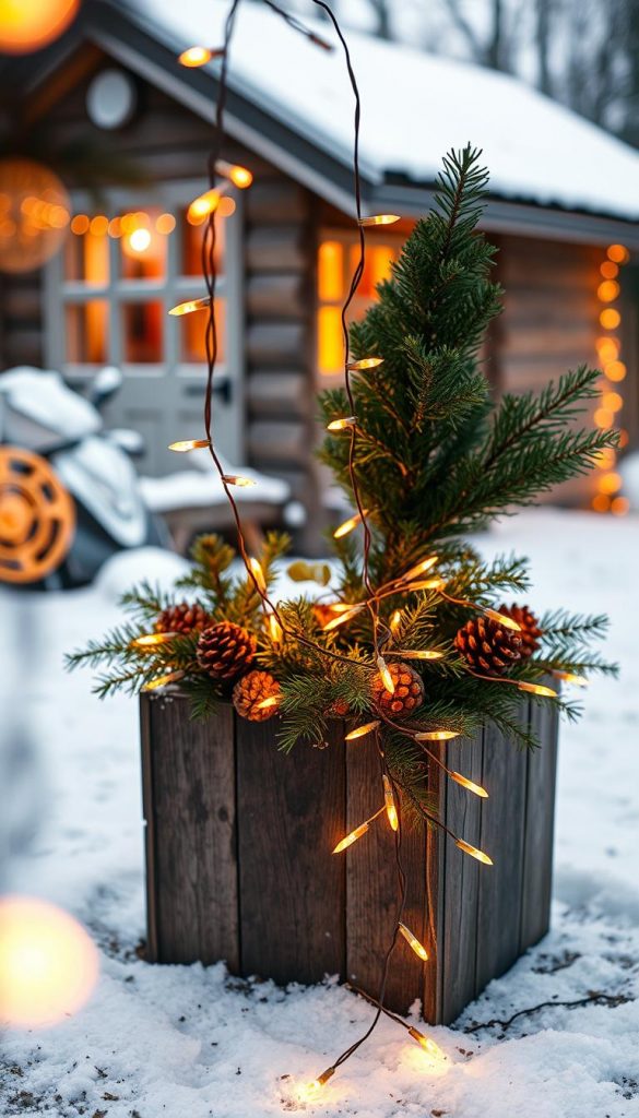 A cozy and festive string of fairy lights, illuminating a winter wonderland scene. Glowing warm amber tones dance across the frame, casting a soft, inviting glow. In the foreground, the lichterkette cascades gracefully from a rustic wooden planter, intertwined with evergreen sprigs and delicate pinecones. The mid-ground features a gentle dusting of snow, creating a serene, wintry atmosphere. In the background, a glimpse of a cozy cabin or shed, its windows aglow, suggests a sense of home and comfort. The overall composition evokes a charming, DIY-inspired aesthetic, perfect for evoking the spirit of the holiday season.