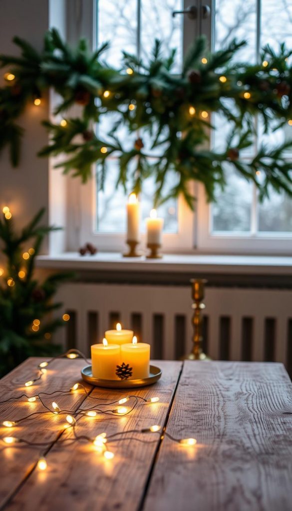 A cozy and festive winter scene showcasing the KlickKiste lighting concept. In the foreground, delicate LED string lights gently illuminate a rustic wooden table, casting a warm, ambient glow. In the middle ground, clusters of unscented beeswax candles flicker, their golden light reflecting off a set of brass candlesticks. The background features a lush, evergreen garland draped across a windowsill, accented by a sprinkling of pinecones and winter berries. The overall atmosphere is one of natural, hygge-inspired elegance, with a touch of modern sophistication. The lighting is soft, diffused, and creates a serene, inviting ambiance perfect for the winter season. A cozy and festive winter scene showcasing the KlickKiste lighting concept. In the foreground, delicate LED string lights gently illuminate a rustic wooden table, casting a warm, ambient glow. In the middle ground, clusters of unscented beeswax candles flicker, their golden light reflecting off a set of brass candlesticks. The background features a lush, evergreen garland draped across a windowsill, accented by a sprinkling of pinecones and winter berries. The overall atmosphere is one of natural, hygge-inspired elegance, with a touch of modern sophistication. The lighting is soft, diffused, and creates a serene, inviting ambiance perfect for the winter season.