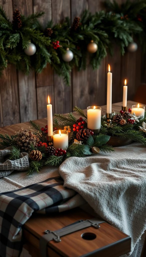 A cozy and harmonious winter tableau, bathed in the soft glow of candlelight. A rustic wooden table adorned with lush evergreen garlands, delicate glass ornaments, and the warm tones of natural elements. Textured fabrics, such as plaid and velvet, create a inviting, hygge-inspired atmosphere. Carefully curated arrangements of pinecones, berries, and seasonal florals add depth and visual interest. The lighting is intimate yet luminous, casting a gentle, ethereal radiance across the scene. The overall composition is balanced, elegant, and effortlessly styled, reflecting a Pinterest-worthy aesthetic that inspires feelings of coziness and contentment.