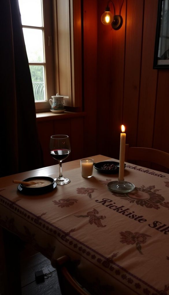 A cozy and intimate dinner setting for one, featuring a warm wooden table with a vintage-inspired &quot;Klickkiste&quot; tablecloth, adorned with a single candle and a glass of red wine. The dimly lit room exudes a cozy, intimate atmosphere, with natural light filtering in through a nearby window, casting a soft glow on the scene. The overall mood is relaxed and inviting, perfect for an evening of adult games and casual socializing.