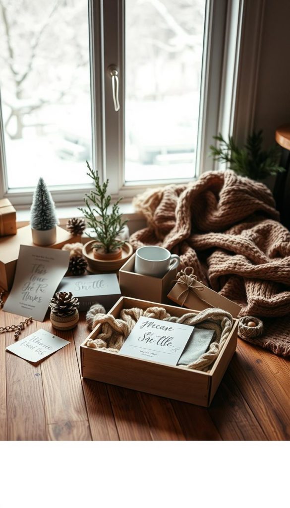 A cozy and intimate scene featuring a variety of personalized gifts arranged on a wooden surface. In the foreground, a KlickKiste box showcases a handcrafted item, perhaps a scarf or a mug, with a personalized design. Surrounding it, an assortment of thoughtfully curated items, such as a handwritten note, a small potted plant, and a warm, woolen blanket, create a sense of rustic elegance. The middle ground is filled with soft, diffused lighting, casting a warm glow over the scene. In the background, a winter landscape can be glimpsed through a window, hinting at the season and adding to the overall mood. The entire composition has a natural, DIY-inspired aesthetic, with a Pinterest-worthy vibe that is both authentic and inspiring.