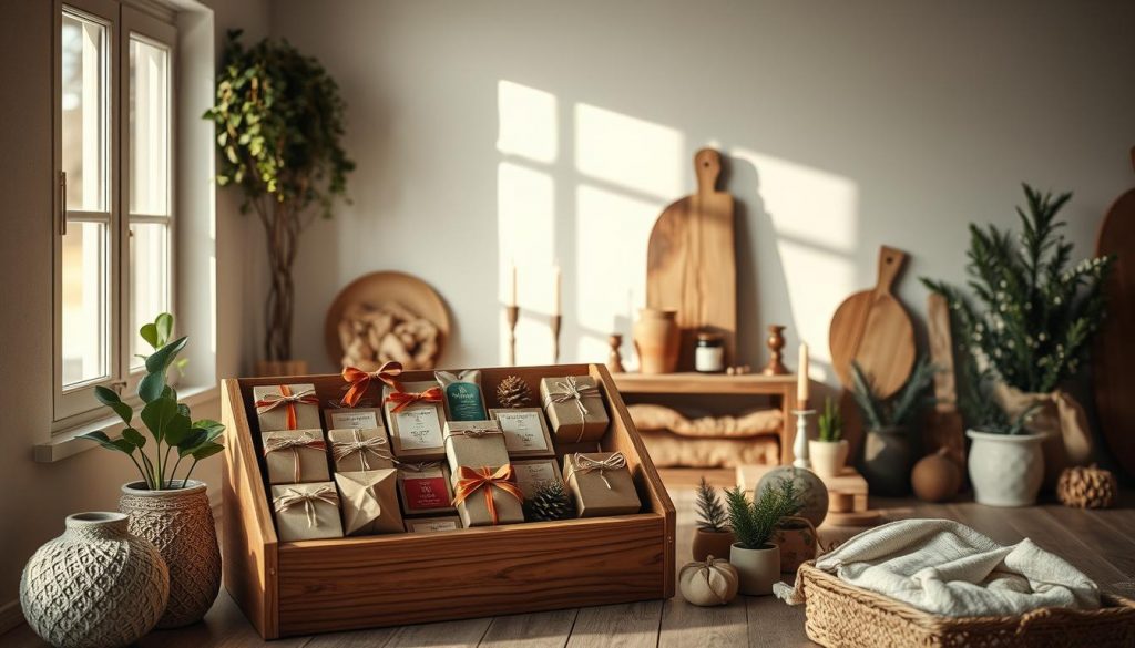 A cozy and inviting Pinterest-inspired scene showcases natural materials and warm, earthy tones. In the foreground, a wooden KlickKiste display features carefully curated DIY gifts, their textures and colors harmonizing with the rustic backdrop. Soft lighting from a nearby window casts a gentle glow, highlighting the organic shapes and handcrafted details. The middle ground features a mix of potted plants, candlesticks, and subtle decorative accents that add depth and visual interest. The background is a serene, minimalist setting with white walls and natural wood tones, allowing the focal point to shine. An overall sense of simplicity, authenticity, and a touch of whimsy evokes the essence of Pinterest-worthy styling.