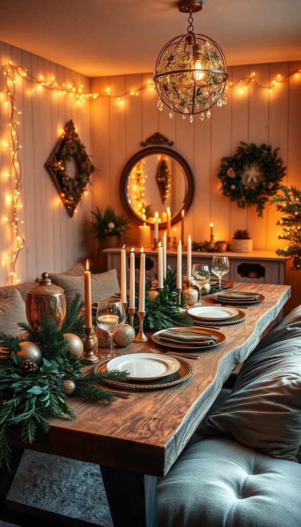 A cozy and inviting Silvester party room, bathed in a warm, golden glow. A rustic wooden table is set with shimmering gold and silver accents, complemented by lush greenery and twinkling fairy lights. In the background, a wall-mounted mirror reflects the festive atmosphere, while soft, ambient lighting creates a serene and intimate ambiance. Plush velvet cushions invite guests to lounge comfortably, encouraging mingling and conversation. The overall aesthetic exudes a natural, DIY-inspired charm with a touch of winter magic, perfectly capturing the Pinterest-inspired mood.