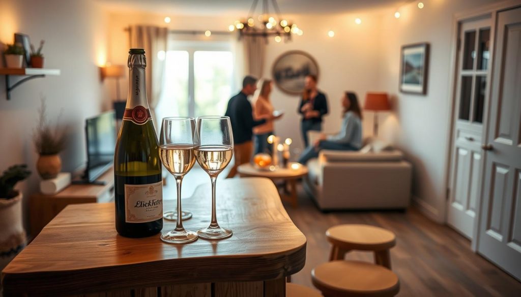 A cozy and inviting Silvester scene in a warm, intimate home setting. The focal point is a rustic, handcrafted &quot;KlickKiste&quot; bar station adorned with natural materials like wood, beige fabrics, and subtle red accents. In the foreground, a pair of wine glasses and a bottle of sparkling wine sit atop the bar, casting soft, diffused lighting throughout the space. In the middle ground, a small group of friends and family gather around, engaged in lively conversation. The background features a minimalist living room with neutral-toned furnishings, creating a relaxed and inviting atmosphere. The overall composition conveys a sense of togetherness, comfort, and the joy of celebrating Silvester in any constellation - whether it's just the two of you or a small, intimate gathering.