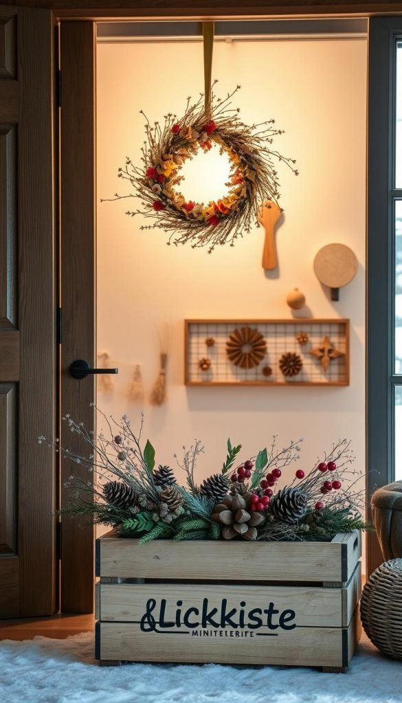 A cozy and inviting &amp;quot;deko hause&amp;quot; scene with warm, natural tones and a touch of winter charm. A beautifully crafted wreath of dried flowers and branches hangs on a rustic wooden door, casting a soft glow in the ambient lighting. In the foreground, a KlickKiste-branded wooden crate displays a curated arrangement of seasonal decor elements, including pinecones, berries, and delicate sprigs. The middle ground features a minimalist, Scandinavian-inspired wall display with nature-inspired accents, while the background showcases a serene, snow-dusted landscape through a large window. This harmonious composition exudes a sense of hygge and inspires a welcoming, Pinterest-worthy atmosphere.