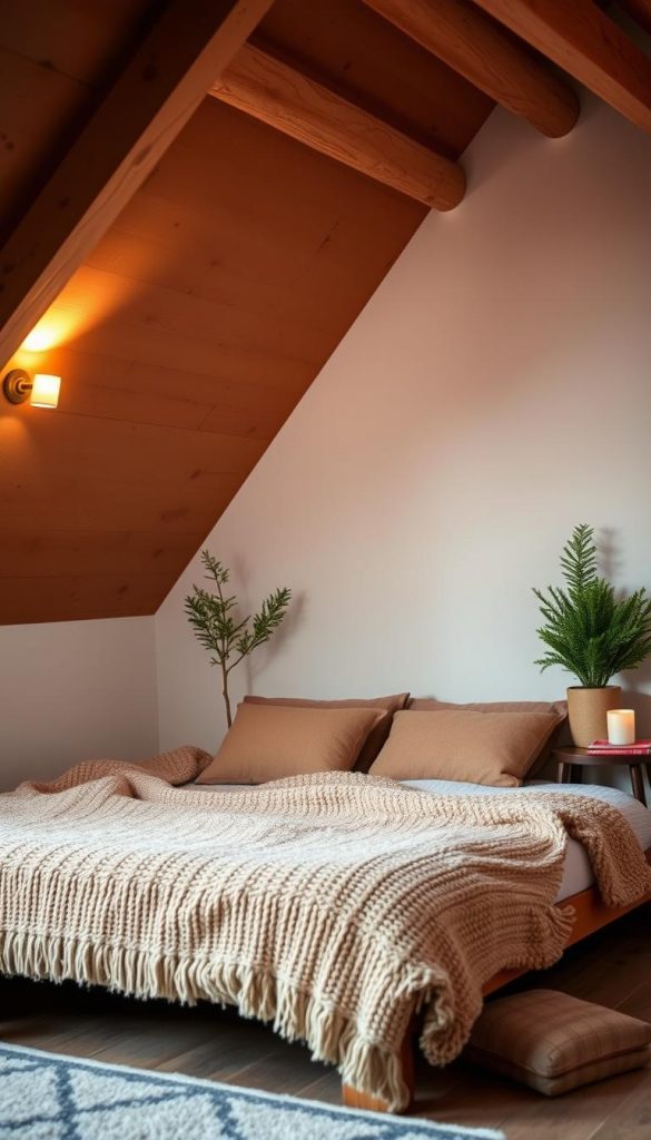 A cozy and inviting attic bedroom with a slanted ceiling and exposed wooden beams. Soft lighting from a wall sconce and a small side table lamp create a warm, intimate atmosphere. A plush, textured blanket and pillows in earthy tones adorn a low, wooden bed frame, complementing the rustic, natural elements. In the corner, a tall, potted plant adds a touch of greenery, while a small side table holds a candle and a stack of books, hinting at a love of reading. The overall effect is a charming, winter-inspired space that feels both relaxing and inspiring.