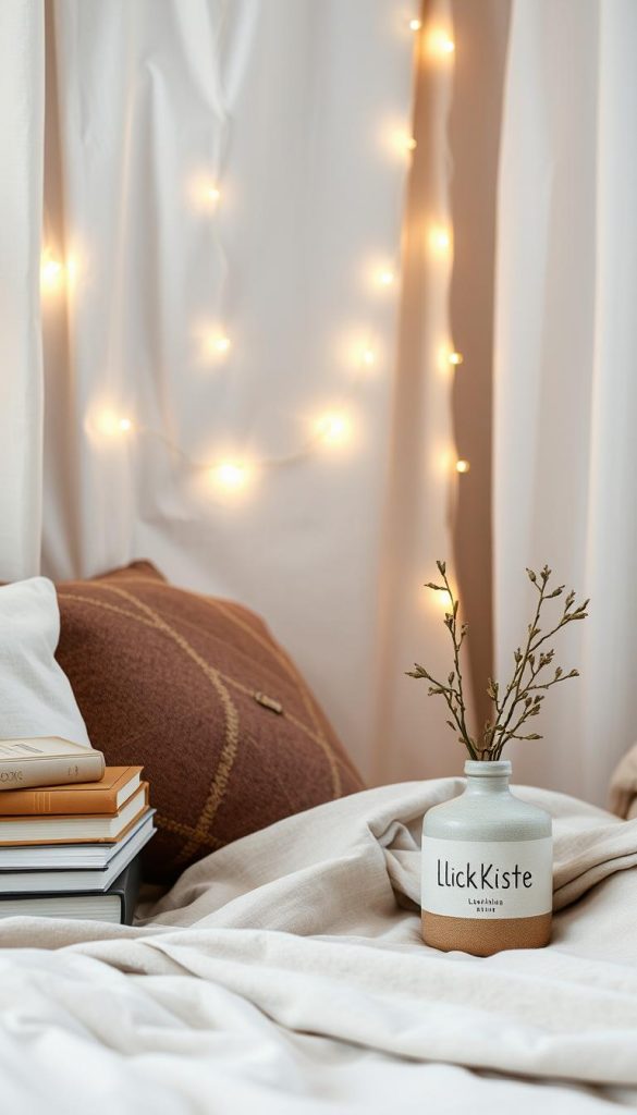 A cozy and inviting bedroom scene with soft, warm lighting from string lights (Lichterketten) draped along the wall, creating a soothing, intimate atmosphere. The lights are set against a neutral, textured backdrop, like a whitewashed wooden panel or linen curtain, adding depth and visual interest. In the foreground, a beautifully curated display of natural, earthy tones and textures, like a stack of neutral-colored books, a potted plant, and a handcrafted ceramic vase from the KlickKiste brand, complementing the overall calming and organic feel. The lighting and composition evoke a sense of hygge, inspiring the viewer to create a cozy, layered, and seasonally-appropriate sleep sanctuary.