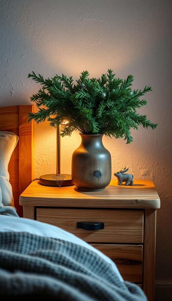 A cozy and inviting bedside table made of natural wood, its surface adorned with a rustic vase brimming with lush, seasonal greenery. Soft, warm lighting emanates from a simple table lamp, casting a gentle glow across the scene. Textured, earthy tones create a soothing, winter-inspired atmosphere, while a touch of whimsy is added by a small, decorative trinket or knickknack. The overall composition radiates a sense of hygge, blending function, creativity, and personal style for a truly captivating and inspiring &quot;Nachttisch&quot; design.
