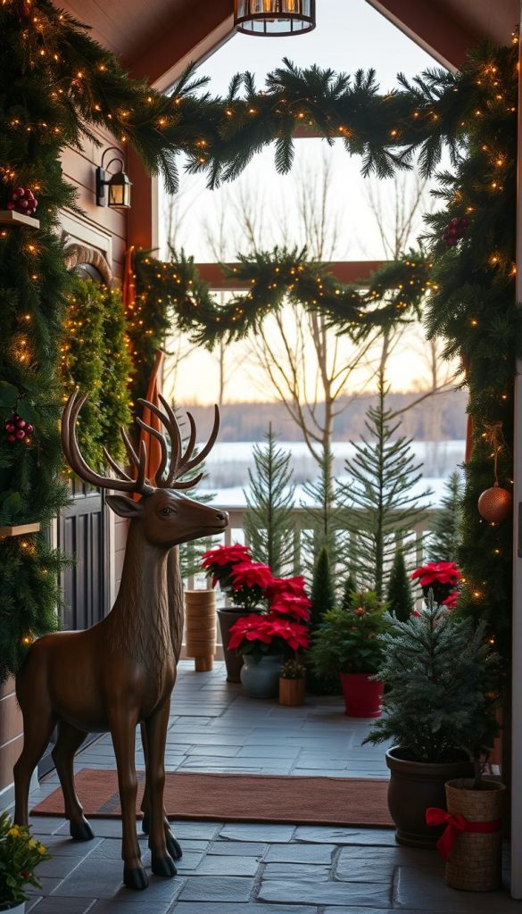 A cozy and inviting entryway adorned with lush evergreen garlands, twinkling fairy lights, and rustic wooden accents. In the foreground, a pair of life-size reindeer statues stand guard, their antlers casting dramatic shadows. The middle ground features an assortment of potted poinsettias, pine branches, and miniature Christmas trees, creating a festive and natural display. The background captures a tranquil winter landscape, with a light dusting of snow and a warm, golden glow from the setting sun. The overall atmosphere is one of warmth, nostalgia, and the charming essence of the holiday season. A cozy and inviting entryway adorned with lush evergreen garlands, twinkling fairy lights, and rustic wooden accents. In the foreground, a pair of life-size reindeer statues stand guard, their antlers casting dramatic shadows. The middle ground features an assortment of potted poinsettias, pine branches, and miniature Christmas trees, creating a festive and natural display. The background captures a tranquil winter landscape, with a light dusting of snow and a warm, golden glow from the setting sun. The overall atmosphere is one of warmth, nostalgia, and the charming essence of the holiday season.