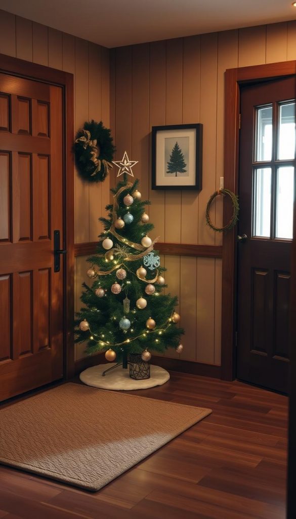 A cozy and inviting entryway with a charming, small Christmas tree nestled in the corner. The warm, soft lighting casts a gentle glow, creating a welcoming atmosphere. The tree is tastefully decorated with a mix of classic ornaments and subtle garlands, exuding an elegant, rustic charm. The wooden door and paneled walls add natural texture, complemented by a plush, neutral-toned rug underfoot. Framed nature-inspired artwork or a simple wreath hangs on the wall, completing the serene, winter-inspired scene. An overall sense of coziness and festive cheer permeates the space, inviting guests to step inside.