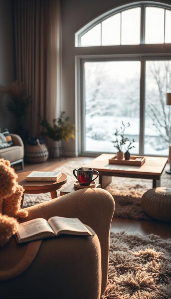 A cozy and inviting living room scene, bathed in soft, warm lighting. A plush, oversized armchair sits in the foreground, beckoning for a moment of tranquility. Atop a wooden side table, a steaming mug of tea and a book, conveying a sense of relaxation and mindfulness. In the middle ground, a large, shaggy rug and a low, minimalist coffee table create a harmonious, grounded feel. The background features a large window, framing a snowy, winter landscape, hinting at the "Abendroutine" and the desire for "Erholung und weniger Stress". The overall mood is one of comfort, contentment, and a touch of natural, DIY-inspired "KlickKiste" aesthetics. A cozy and inviting living room scene, bathed in soft, warm lighting. A plush, oversized armchair sits in the foreground, beckoning for a moment of tranquility. Atop a wooden side table, a steaming mug of tea and a book, conveying a sense of relaxation and mindfulness. In the middle ground, a large, shaggy rug and a low, minimalist coffee table create a harmonious, grounded feel. The background features a large window, framing a snowy, winter landscape, hinting at the "Abendroutine" and the desire for "Erholung und weniger Stress". The overall mood is one of comfort, contentment, and a touch of natural, DIY-inspired "KlickKiste" aesthetics.